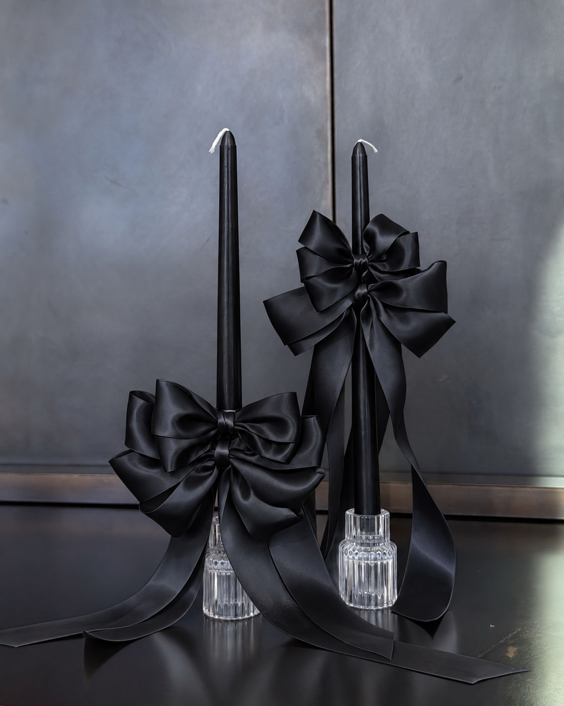Satin Bow Taper Candles — Black
