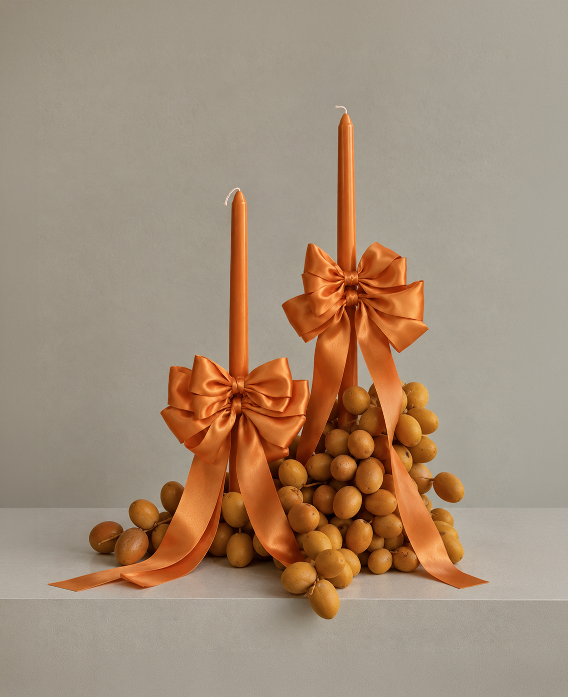 Burnt orange satin Bow Taper Candles
