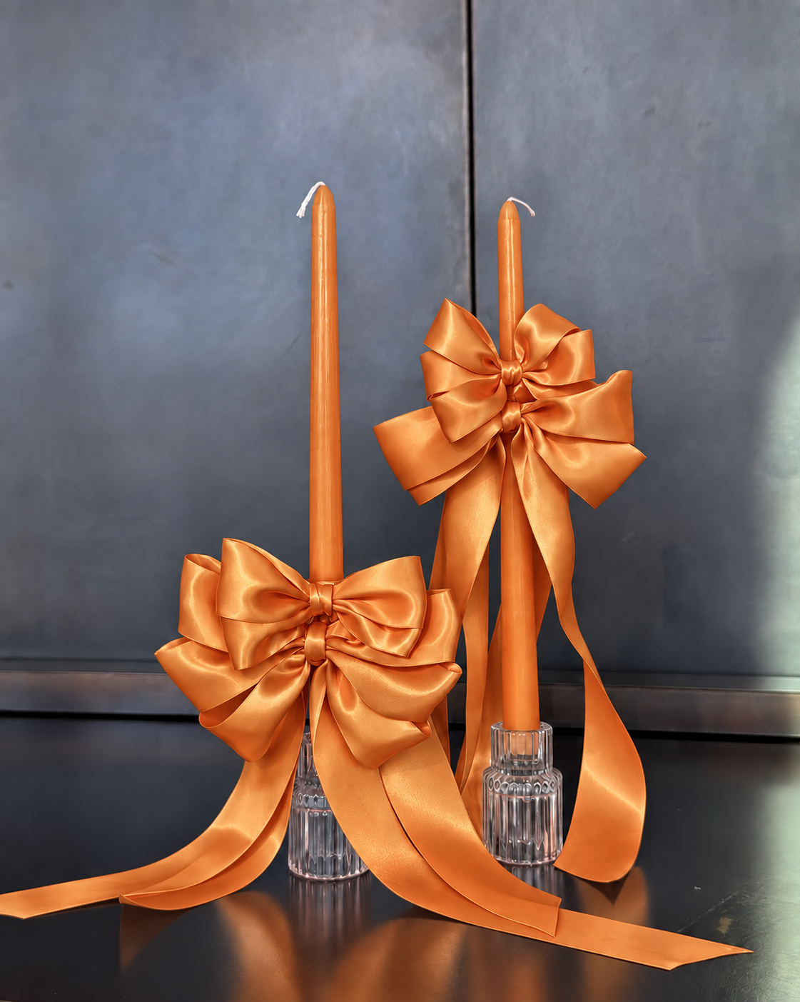 Satin Bow Taper Candles — Burnt Orange