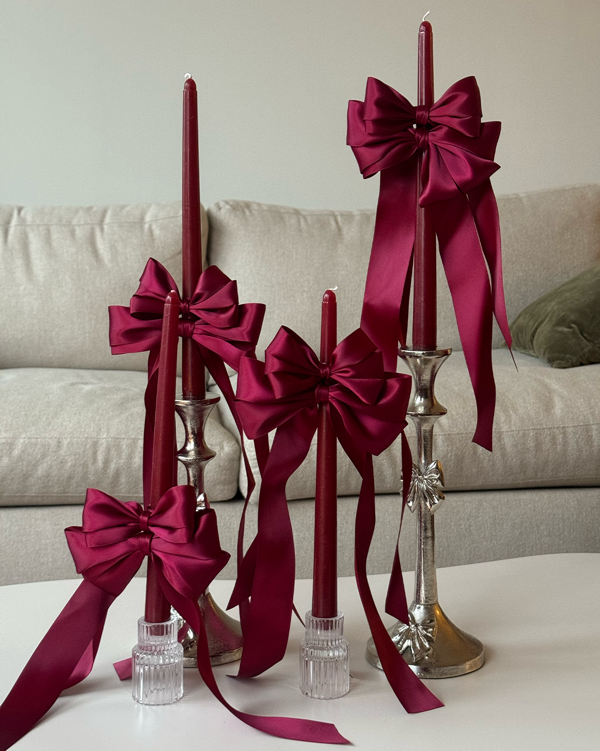 Satin Bow Taper Candles — Ivory